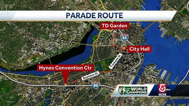 An illustration of the Boston Celtics championship parade route for Friday, July 21.