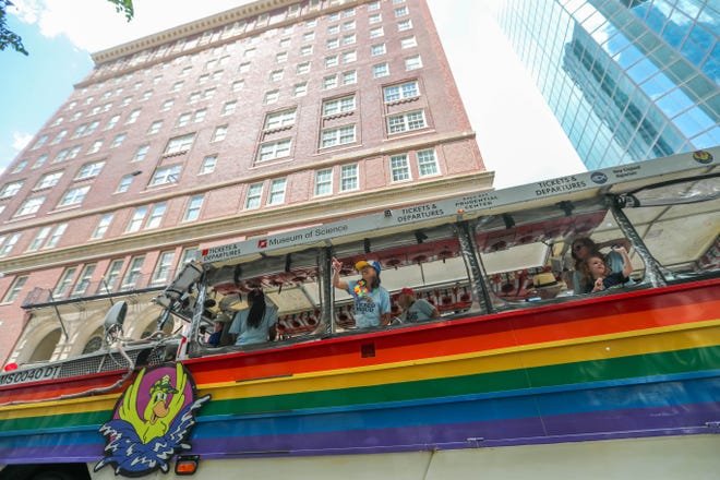 Saturday, June 8, 2024; Boston MA- Parade participants toss out items from a Duck Boat during the annual Boston Pride Parade on Saturday, June 8, 2024.